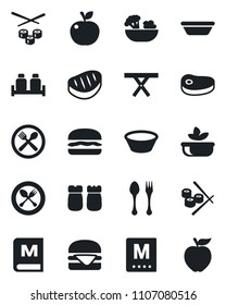 Set of vector isolated black icon - spoon and fork vector, picnic table, cafe, menu, salad, salt pepper, steak, hamburger, bowl, sushi, apple fruit