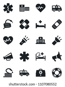 Set of vector isolated black icon - hose vector, heart pulse, doctor case, patch, ambulance star, car, hospital bed, loudspeaker, torch, crisis management