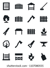 Set of vector isolated black icon - fence vector, tree, saw, fire, hoe, axe, abacus, table, alcove, cutting board