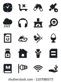 Set of vector isolated black icon - wind vector, document, reload, flower in pot, house, rain, pills, bottle, satellite, no trolley, headphones, clock, pond, estate search, fireplace, wireless, menu