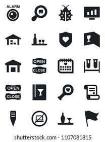 Set of vector isolated black icon - no laptop vector, statistic monitor, contract, lady bug, plant label, blood test vial, heart diagnostic, shield, medical calendar, warehouse, search cargo, flag