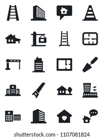 Set of vector isolated black icon - barrier vector, border cone, airport building, office, trowel, ladder, saw, hospital, house with garage, tree, plan, sweet home, city, crane, message