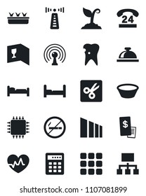 Set of vector isolated black icon - antenna vector, no smoking, reception bell, bed, sproute, seedling, heart pulse, caries, 24 hours, sorting, menu, cut, bedroom, wine card, restaurant receipt