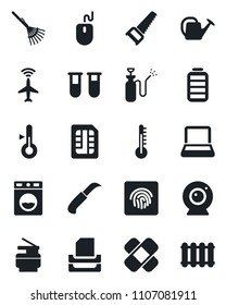 Set of vector isolated black icon - plane radar vector, mouse, rake, watering can, saw, garden knife, sprayer, blood test vial, patch, battery, sim, fingerprint id, paper tray, notebook pc, copier