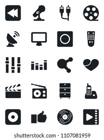 Set of vector isolated black icon - satellite antenna vector, clapboard, reel, vinyl, archive chest, microphone, radio, settings, equalizer, remote control, monitor, phone, share, finger up, heart