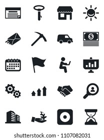 Set of vector isolated black icon - rec button vector, alarm led, consumer search, arrow up graph, gear, palm sproute, handshake, calendar, flag, cash, car, schedule, mail, presentation, tie