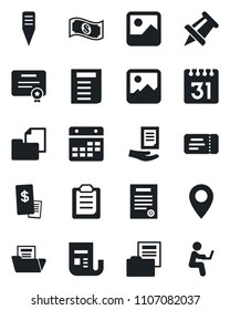 Set of vector isolated black icon - ticket vector, document, drawing pin, plant label, folder, news, gallery, calendar, clipboard, contract, restaurant receipt, cash, certificate, man with notebook