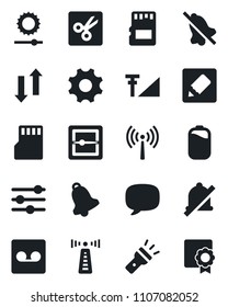 Set of vector isolated black icon - antenna vector, message, settings, tuning, bell, record, scanner, sd, notes, data exchange, torch, mute, brightness, cut, cellular signal, battery, sertificate