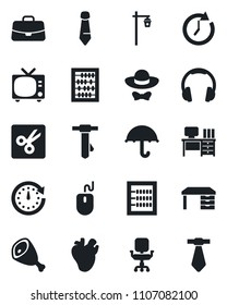 Set of vector isolated black icon - tv vector, case, abacus, mouse, desk, tie, garden light, real heart, umbrella, headphones, cut, office chair, dress code, ham, clock