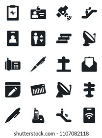 Set of vector isolated black icon - satellite antenna vector, elevator, escalator, identity card, pen, pulse clipboard, signpost, office phone, barcode, radio, mail, notes, paper tray, pass