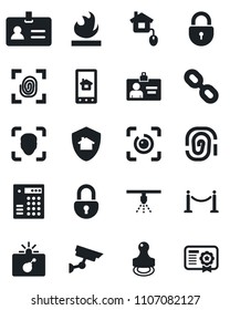 Set of vector isolated black icon - fence vector, bomb in case, identity, lock, card, flammable, chain, face id, eye, stamp, home control, fingerprint, app, protect, combination, surveillance