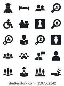 Set of vector isolated black icon - male vector, female, disabled, bed, speaking man, pedestal, manager place, doctor, group, user, hr, company, client search, cook, consumer, palm sproute
