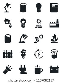 Set of vector isolated black icon - hot cup vector, bulb, fire, oil barrel, torch, battery, charge, desk lamp, factory, home control, power plug, water heater, radiator, energy saving, sun panel