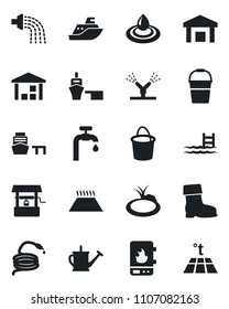 Set of vector isolated black icon - watering can vector, bucket, boot, well, hose, pond, sea shipping, port, warehouse, pool, water supply, irrigation, heater, warm floor