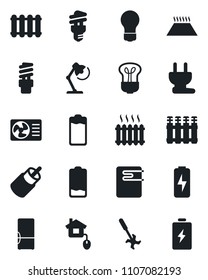 Set of vector isolated black icon - bulb vector, ripper, battery, low, rca, charge, desk lamp, heater, fridge, home control, power plug, water, air conditioner, radiator, warm floor, energy saving