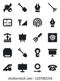 Set of vector isolated black icon - ladder car vector, presentation board, bulb, job, garden fork, rake, well, satellite, hdmi, brightness, fingerprint id, cellular signal, ink pen, plan, phone
