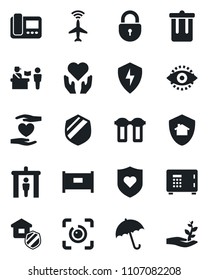 Set of vector isolated black icon - plane radar vector, fence, passport control, security gate, umbrella, trash bin, safe, lock, heart shield, hand, protect, eye id, estate insurance, intercome