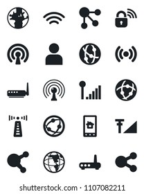 Set of vector isolated black icon - antenna vector, earth, network, share, user, wireless, cellular signal, lock, router, home control app, social media