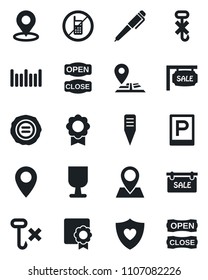 Set of vector isolated black icon - parking vector, no mobile, stamp, plant label, heart shield, navigation, pin, fragile, hook, barcode, place tag, sertificate, pen, sale, open close