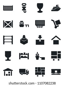 Set of vector isolated black icon - sea shipping vector, truck trailer, cargo container, car delivery, port, consolidated, fragile, warehouse storage, no hook, package, rack, railroad