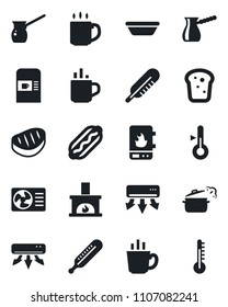 Set of vector isolated black icon - hot cup vector, coffee machine, thermometer, fireplace, air conditioner, bread, steak, dog, bowl, steaming pan, turkish, water heater