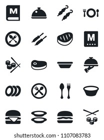 Set of vector isolated black icon - spoon and fork vector, dish, cafe, menu, plates, waiter, steak, kebab, hamburger, bowl, sushi