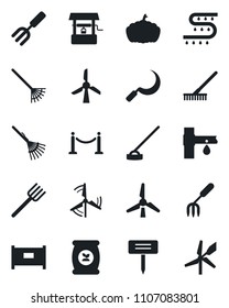 Set of vector isolated black icon - fence vector, garden fork, farm, rake, well, hoe, sickle, plant label, pumpkin, fertilizer, drip irrigation, windmill
