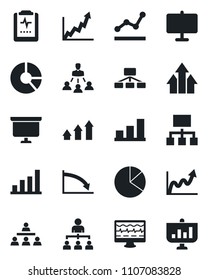 Set of vector isolated black icon - hierarchy vector, presentation board, circle chart, monitor pulse, clipboard, bar graph, pie, point, arrow up, growth, crisis