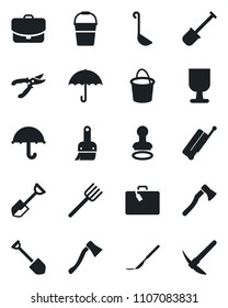 Set of vector isolated black icon - suitcase vector, stamp, job, shovel, farm fork, bucket, pruner, axe, scalpel, fragile, umbrella, themes, ladle, case, hard work
