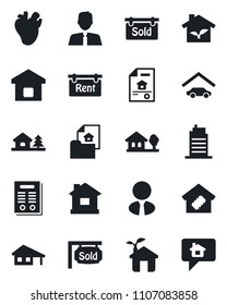 Set of vector isolated black icon - house vector, real heart, contract, with garage, tree, estate document, rent, sold signboard, agent, smart home, city, eco, message