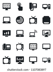 Set of vector isolated black icon - wireless notebook vector, radar, statistic monitor, pulse, tv, touch screen, laptop pc, hdmi, statistics, intercome