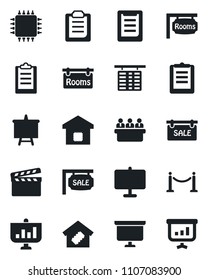 Set of vector isolated black icon - fence vector, flight table, presentation board, meeting, clipboard, clapboard, sale, rooms, smart home, chip