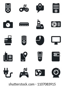 Set of vector isolated black icon - camera vector, mouse, mobile tracking, gamepad, remote control, monitor, radio phone, copier, air conditioner, power plug, water heater, web