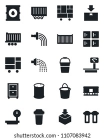 Set of vector isolated black icon - checkroom vector, bucket, watering, truck trailer, cargo container, consolidated, package, oil barrel, heavy scales, railroad, archive box, water filter