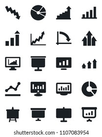 Set of vector isolated black icon - growth statistic vector, presentation board, crisis graph, monitor, circle chart, statistics, bar, pie, point, arrow up