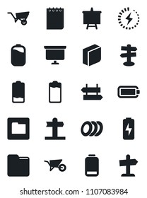 Set of vector isolated black icon - signpost vector, notepad, presentation board, wheelbarrow, battery, low, folder, charge, blank box, plates, guidepost