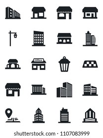 Set of vector isolated black icon - taxi vector, shop, garden light, navigation, store, office building, city house, cafe, storefront
