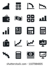 Set of vector isolated black icon - growth statistic vector, calculator, crisis graph, receipt, bar, wallet, cash, presentation