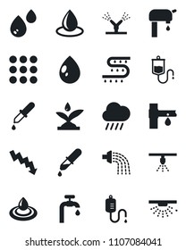Set of vector isolated black icon - crisis graph vector, watering, water drop, rain, drip irrigation, dropper, menu, supply, sprinkler