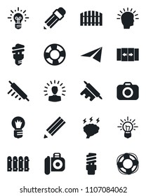 Set of vector isolated black icon - automatic door vector, brainstorm, bulb, camera, pencil, fence, rolling pin, energy saving, shining head, idea, paper plane, crisis management
