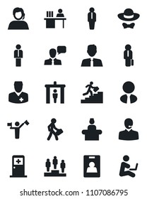 Set of vector isolated black icon - dispatcher vector, security gate, reception, medical room, manager, pedestal, doctor, support, speaker, identity card, desk, career ladder, estate agent