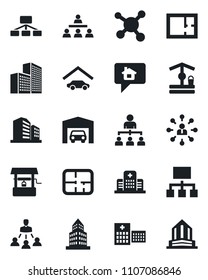 Set of vector isolated black icon - hierarchy vector, well, hospital, molecule, office building, garage, plan, home message