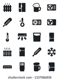 Set of vector isolated black icon - thermometer vector, heater, air conditioner, fridge, drink, beer, snowflake