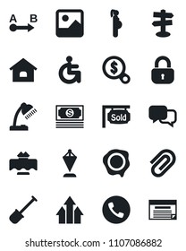 Set of vector isolated black icon - phone vector, pennant, stamp, shovel, disabled, pregnancy, signpost, cash, route, dialog, gallery, paper clip, desk lamp, house, sold signboard, lock, schedule