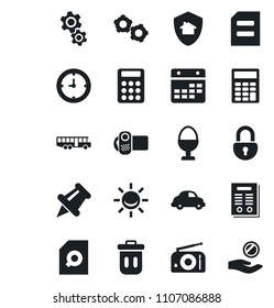 Set of vector isolated black icon - airport bus vector, gear, document, car delivery, clock, radio, video camera, paper pin, calendar, lock, search, calculator, contract, egg stand, home protect