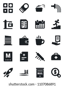 Set of vector isolated black icon - document vector, calendar, watering, doctor case, diagnosis, sim, application, career ladder, pool, mailbox, city house, crane, menu, coffee, rolling pin, rocket