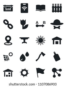 Set of vector isolated black icon - sun vector, book, axe, tulip, warehouse, route, chain, place tag, panel, sold signboard, table, dress code, cutting board, water, radiator, pass card, flag