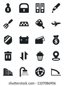 Set of vector isolated black icon - taxi vector, shower, office binder, garden fork, dropper, plane, shield, network, data exchange, place tag, lock, building, credit card, ham, outdoor lamp, crisis