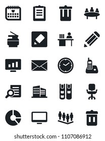 Set of vector isolated black icon - trash bin vector, mail, team, document search, meeting, statistic monitor, pencil, circle chart, medical calendar, clipboard, radio phone, notes, clock, copier