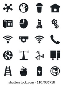 Set of vector isolated black icon - mouse vector, ladder, office phone, consolidated cargo, antenna, network, share, call, wireless, charge, copier, windmill, smart home, web camera, gear, earth
